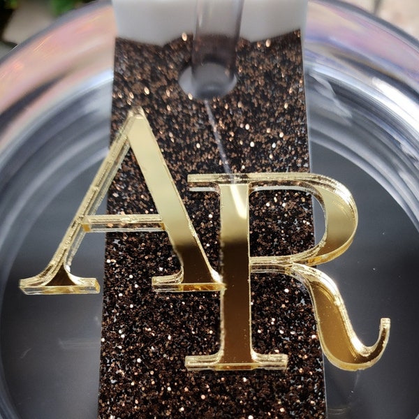 Chocolate Gold Stainless Steel Water Bottle Tumbler Name Plate | Gold Flake Glitter Monogram | Stanley Name Topper | Brown Mirror