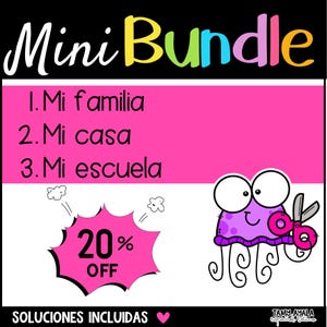 Puede incluir: Gráfico con las palabras "Mini Bundle" en letras coloridas. Debajo, un rectángulo rosa enumera "Mi familia", "Mi casa" y "Mi escuela". Una medusa de dibujos animados sostiene tijeras, y una explosión rosa dice "20% OFF".
