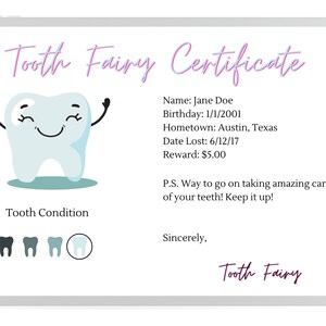 Tooth Fairy Certificate