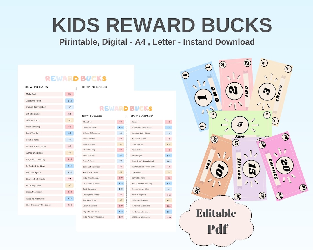 Editable Reward Bucks for Kids Printable Mom Bucks PDF Play - Etsy