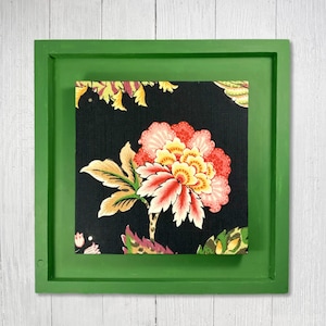 Floral Fabric Framed Art: Botanical Textile Wall Decor, Hand-Painted Wood Frame