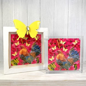 Rooster Art with Butterfly: Farmhouse Decor, Wood or Acrylic Frame