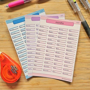 Stickers pour agenda Mois de l'année | Stickers Bullet Journal | Feuilles d'autocollants en vinyle mat | Organisez-vous