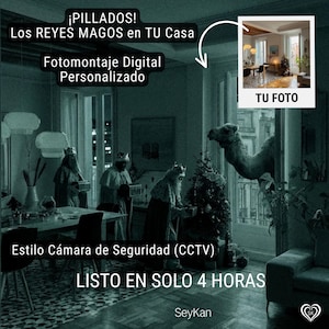 Peut inclure: Un photomontage numérique représentant les Rois Mages dans un cadre domestique, avec une tête de chameau visible à travers une fenêtre. L'image est stylisée comme une vue de caméra de sécurité, avec le texte "PRÊT EN SEULEMENT 4 HEURES."