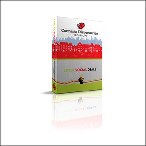 May include: A red and white box with the text "Cannabis Dispensaries Edition" and "Local Social Deals" on it. The box has a cityscape graphic with buildings and a red and white tag with a percentage sign on it. The box is sitting on a white surface with a reflection.