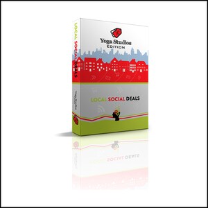 May include: A red and green box with the text "Yoga Studios Edition" and "Local Social Deals" on it. The box has a cityscape graphic with a red and white line design.