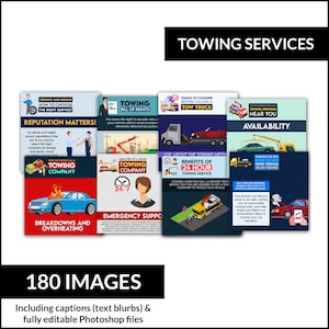 Puede incluir: Un collage de imágenes coloridas que promocionan los servicios de remolque. Las imágenes muestran grúas, coches y textos sobre los beneficios de utilizar una empresa de remolque. El texto incluye frases como "¡La reputación importa!" y "Beneficios del servicio de remolque las 24 horas".