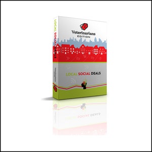 May include: A box with a red and white design featuring the text "Local Social Deals" and "Veterinarians Edition". The box has a cityscape graphic with a green background and a red and white line.