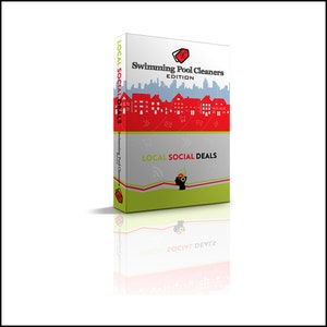 May include: A red and white box with the text "Swimming Pool Cleaners Edition" and "Local Social Deals" on it. The box is sitting on a white surface with a reflection of the box.