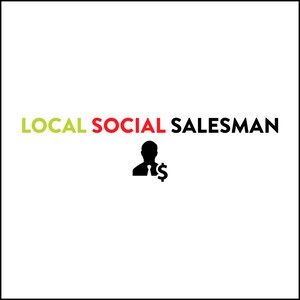 May include: A black and white logo with the text "LOCAL SOCIAL SALESMAN" in green and red. A black silhouette of a person wearing a tie and holding a dollar sign is below the text.