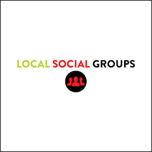 May include: Local Social Groups text in green and red with a black circle containing a red icon of three people