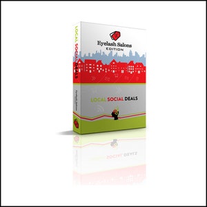 May include: A red and green box with the text "Eyelash Salons Edition" and "Local Social Deals" on it. The box has a city skyline graphic and a stylized brain with a gear inside.