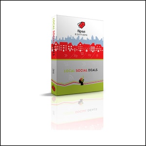 May include: A box with a red, white, and green design. The box has the text "Local Social Deals" and "Spas Edition" on it. The box is a product for local social deals.