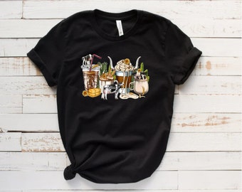 Cow Print Coffee T-Shirt: Hot Cocoa & Iced Coffee Design