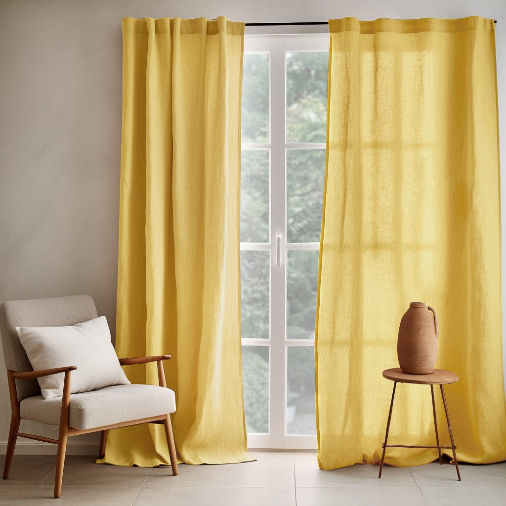 Lemon yellow linen curtain / 2 panels / Linen curtains with multi-functional curtain tape / Medium weight linen / Custom size