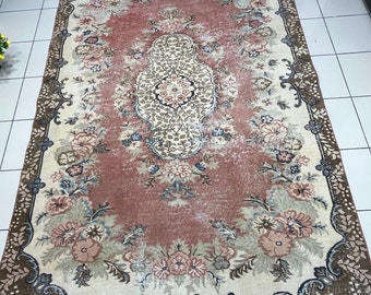 Elegance and Whimsy: Handwoven Turkish Pink Brown And Beige Rug from the 1980s 8.60x5.61 Feet. Pink energizing natural rug for girls room