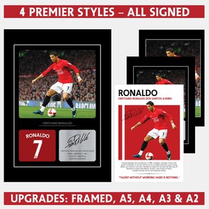 Impresión fotográfica firmada retro de Cristiano Ronaldo del United, póster autografiado de aficionado al fútbol, arte mural, regalos para aficionados al fútbol, tamaño A5, A4, A3, A2 enmarcado