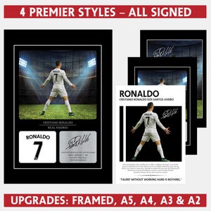 Poster photo signé Cristiano Ronaldo, impression d'art mural football dédicacée, cadeaux souvenirs de fan de football, cadeau de football encadré et montage