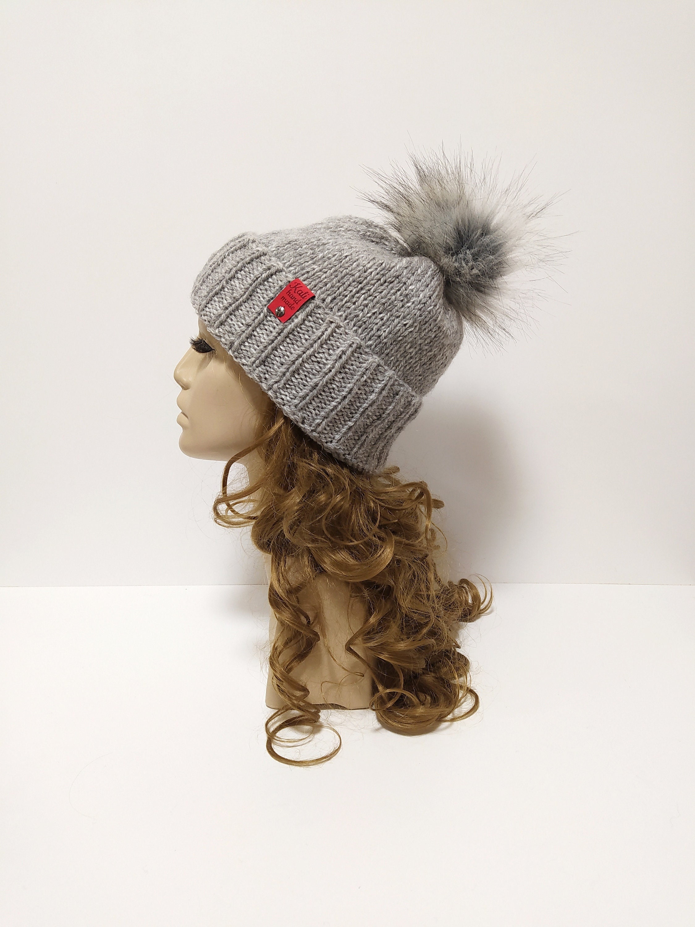 Hand Knitted Alpaca Wool Winter Hat W/ Fur Pompom Unisex Midweight Knit Alpaca Hat With Pom in Variegated Colors main image 4