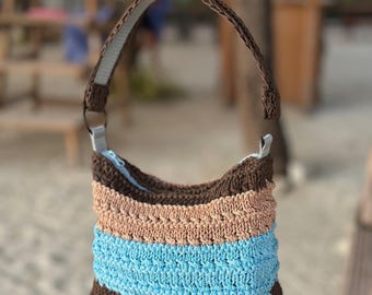 Handmade Knitted Shoulder Bag – Turquoise, Beige, Brown (23x20x11cm)
