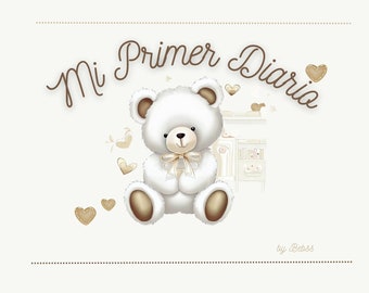 Op de afbeelding: Een witte teddybeer met een bruine strik zit op een witte achtergrond. De tekst "Mi Primer Diario" is in bruin cursief boven de beer geschreven. De tekst "by Bebiss" is in bruin cursief onder de beer geschreven.