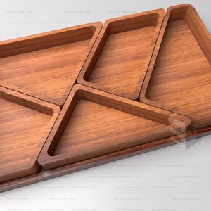 Rectangular Puzzle Wooden Tray design with 5 Triangular wooden inserts | files for CNC machining(.Ai, .Dxf, .Pdf, .Eps, .Svg, .Obj, .Stl)
