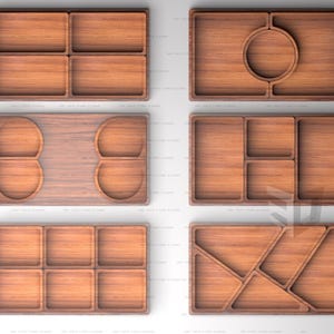 6 Puzzle Wooden Tray design set, rectangular tray with inserts | files for CNC machining(.Ai, .Dxf, .Pdf, .Eps, .Svg, .Obj, .Stl)