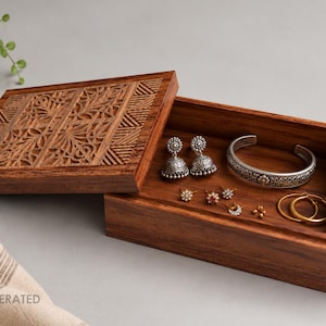 Op de afbeelding: Een rechthoekige houten juwelendoos met een uitgesneden deksel met geometrische en bloemmotieven. De open doos bevat een zilverkleurige manchetarmband, twee jhumka-oorbellen, diverse kleine oorknopjes en twee goudkleurige oorringen.