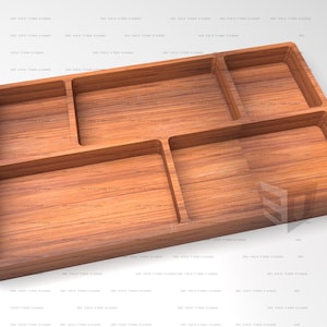 Puede incluir: Una bandeja rectangular de madera con cinco compartimentos distintos de tamaños variados. La bandeja está fabricada en madera de tono marrón medio con un patrón de veta natural visible en toda la base y las paredes interiores de cada sección.