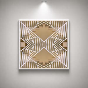 May include: A framed abstract art piece featuring a symmetrical design of white geometric shapes against a tan background. The artwork is mounted on a white frame and hangs on a white wall, illuminated by a spotlight.