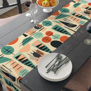 Mid Century Geometric Table Runner, Retro Table decor, Mustard Navy Cream, Boho Table Decor, Geometric Table Linen,