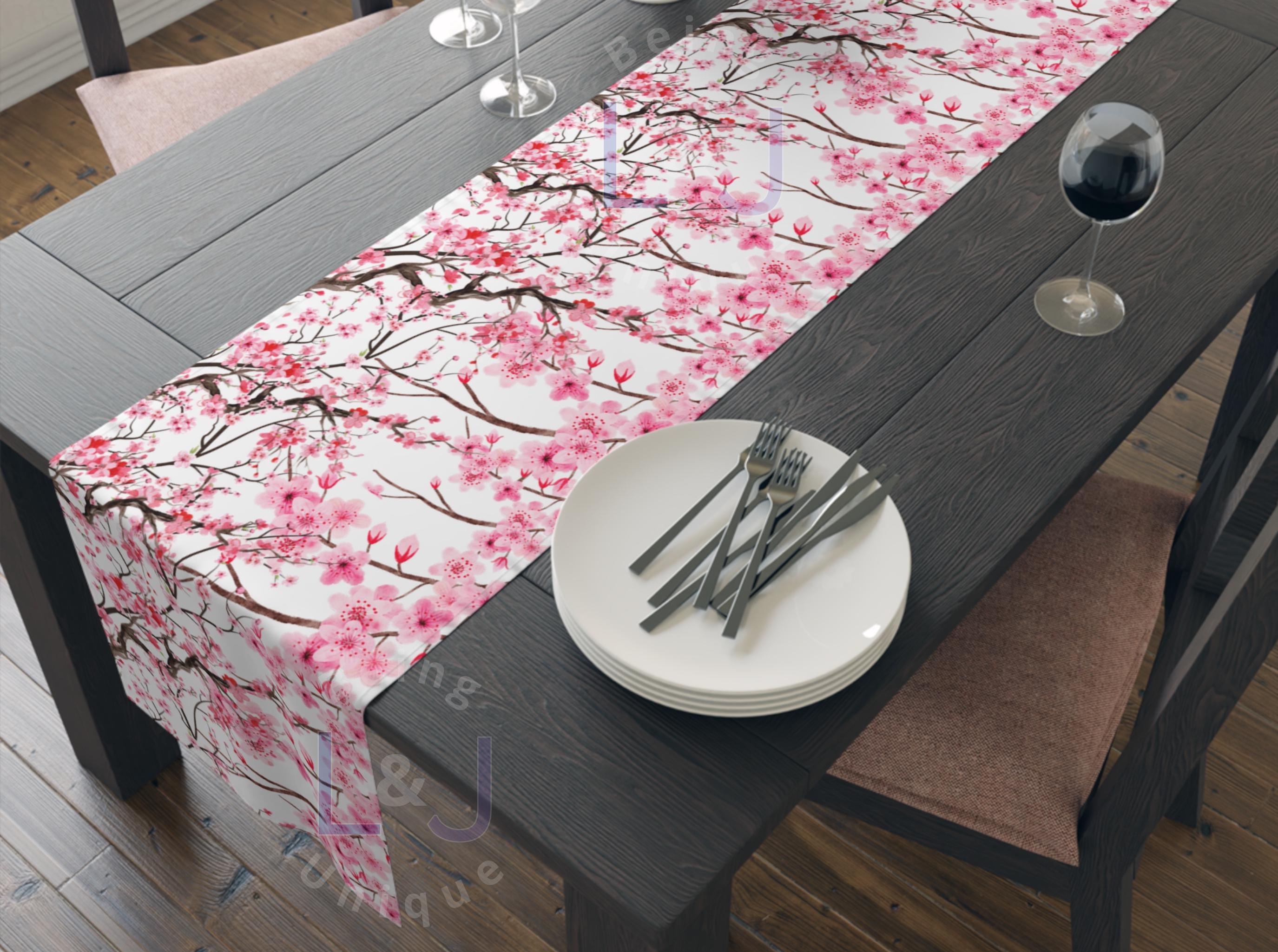 Cherry Blossom Table Runner, Tulips Table Decor, Cotton Poly Blend