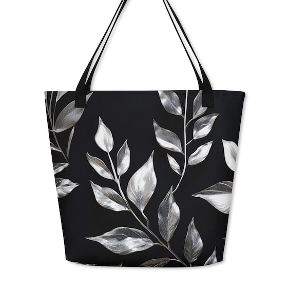 Silver Leaves Tote Bag, Silver Black Leaves Shoulder Bag, Large Purse, Collection, Dressy, Day Night, Birthday, Christmas, Gift TSD137