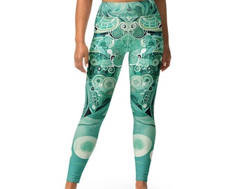 Aquamarine Pattern Leggings, Teal Print Yoga Pants, Stretchy Separates, Reef Collection, Women's Workout Pants, Activewear Designer, TSD146