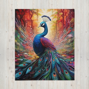 May include: A colorful painting of a peacock with its tail feathers spread out. The peacock is blue, green, and purple, and the background is a vibrant orange and red.