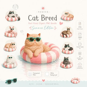 Op de afbeelding: Een digitaal clipart-pakket getiteld Cat Breed Pool Float Clipart PNG Bundle Summer Edition met diverse katten met zonnebrillen op roze en wit gestreepte zwembanden, inclusief technische specificaties aan de rechterkant van de afbeelding.