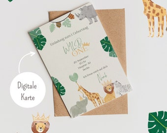 Wild One Invitation to 1st Birthday Safari Animals Birthday Card Safari Children's Birthday Invitation Card Safari