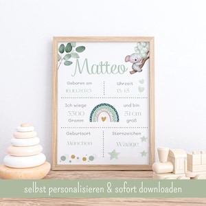 Geburtstafel Boho Geburtsdaten Poster Geburtsposter personalisiert Geburtsanzeige Geburtsbild personalisiertes Geschenk Geburt download