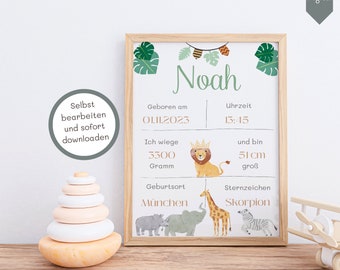 Birth board Safari birth dates poster digital birth poster personalized birth announcement birth picture personalized gift birth DIY