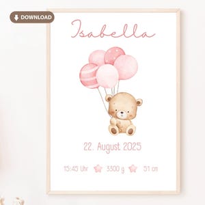 Könnte beinhalten: Gerahmter Druck mit dem Namen "Isabella" in rosa Schrift. Eine Teddybär-Illustration hält rosa Ballons. Der Druck enthält das Datum 22. August 2025, die Uhrzeit, das Gewicht (3300 g) und die Größe (51 cm).