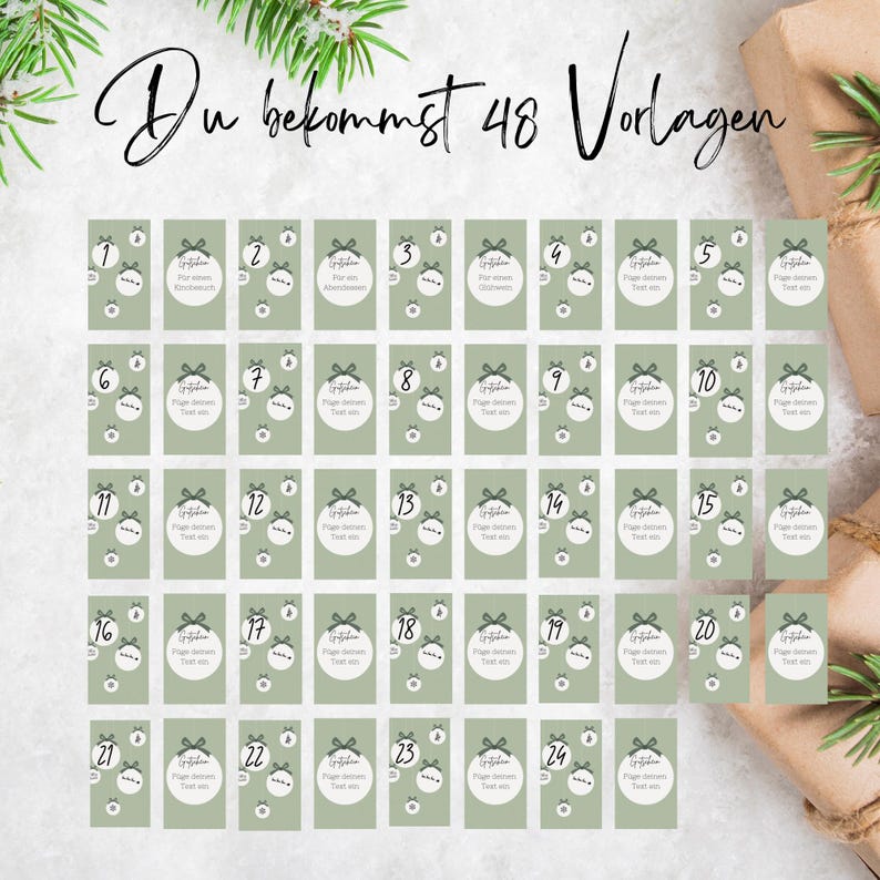Pu&ograve; includere: Un set di 24 etichette regalo per addobbi natalizi stampabili verdi e bianche numerate da 1 a 24. Le etichette presentano un semplice design di addobbo con un cerchio bianco e un piccolo albero verde. Il testo "Geschenk" &egrave; scritto su ogni etichetta.