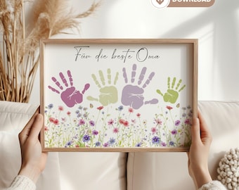 Gift Grandma Birthday Flower Meadow Handprint Baby Footprint Grandchild Digital Birthday Gift Crafts Children DIY Gift Idea Flowers