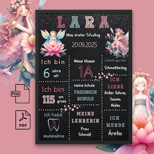 Cadeau d'inscription scolaire personnalisé écolier commence l'école retour à l'école fille jalon tableau affiche décoration tableau fée affiche numérique