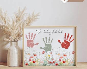 Grandma's birthday gift, flower meadow, baby's handprint, grandchild's footprint, digital birthday present, craft, children's DIY gift idea, flowers