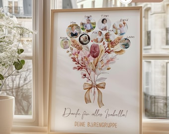 May include: A framed print with a watercolor bouquet of flowers and leaves in shades of pink, brown, and green. The bouquet is surrounded by 10 circular photos of children, each with a name written above it. The text "Danke für alles Isabella! DEINE BÄRENGRUPPE" is at the bottom of the print.
