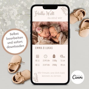 Geburtsanzeige Zwillinge Geburtsanzeige WhatsApp personalisiert Geburtsverkündung neutral Geburtsankündigung eCard Geburt Verkünden Zwilling