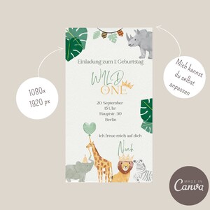 May include: A light blue invitation card with a jungle theme. The card features a giraffe, lion, elephant, and zebra. The text on the card reads "Wild One" and "Einladung zum 1. Geburtstag".
