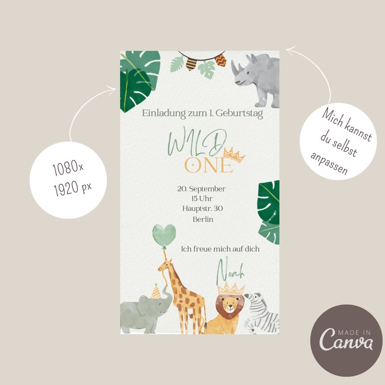 May include: A light blue invitation card with a jungle theme. The card features a giraffe, lion, elephant, and zebra. The text on the card reads "Wild One" and "Einladung zum 1. Geburtstag".