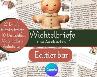 May include: A printable Christmas-themed set with 27 blank letters, 10 envelopes, a material list, and instructions. The image features a gingerbread man and text in German, including "Wichtelbriefe zum Ausdrucken" (Elf Letters to Print).