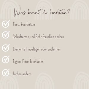 May include: A checklist with five checkmarks next to the following text: "What can you edit?"  "Edit text", "Change fonts and font sizes", "Add or remove elements", "Upload your own photos", "Change colors".